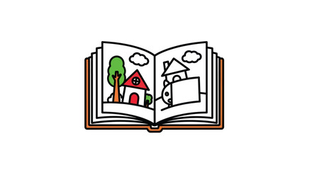 Open Illustrated Book with Colorful House and Tree Drawings.