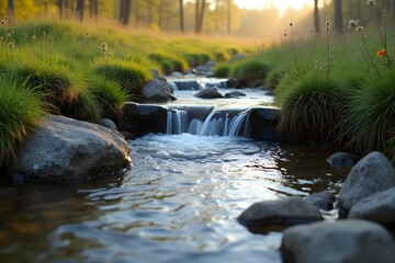 A quiet spring bubbling from rocks, flowing through an open meadow.
