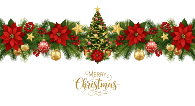 Christmas Garland with Tree Ornaments and Poinsettias isolated on a transparent background holiday