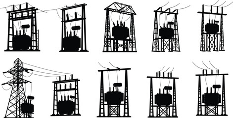 Silhouette vector illustration of electrical substations and transmission towers—power grid infrastructure, voltage system, energy distribution layout for engineering and planning reference