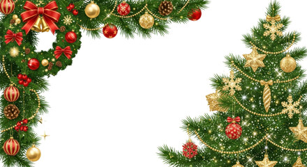 Christmas Tree and Wreath Decorations with Ornaments isolated on a transparent background holiday