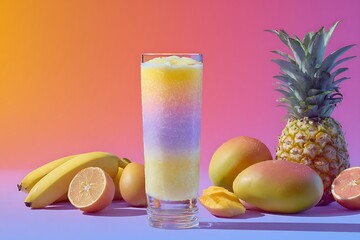 Vibrant Tropical Smoothie with Fresh Fruits on Gradient Background.