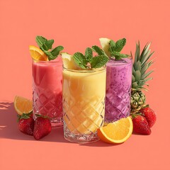 Vibrant Tropical Smoothies with Fresh Fruits and Mint Garnish.