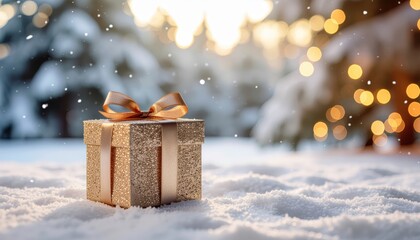 Festive gift box amidst snowy landscape holiday season photography winter wonderland close-up celebration of giving