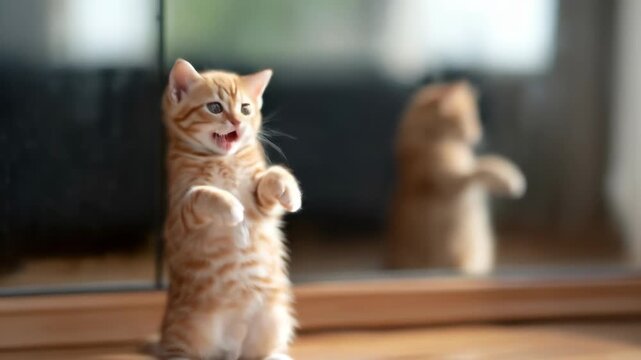Orange kitten reaching up to a window looking at its reflection