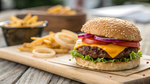 Enjoy delicious homemade burger with crispy fries, perfect for a summer barbecue or casual meal, showcasing fresh ingredients and mouthwatering flavor