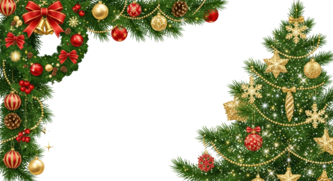Christmas Tree and Wreath Decorations with Ornaments isolated on a transparent background holiday