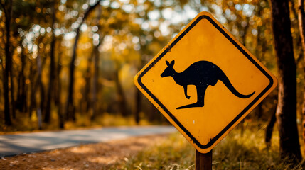 A yellow road sign with a black kangaroo symbol