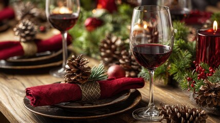 Festive christmas table setting with wine glasses, candles and decorations