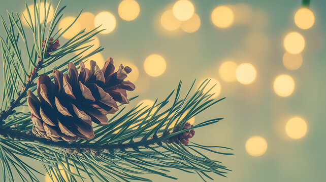 Pine cone on a branch with bokeh lights in the background for christmas