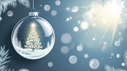 A christmas ornament with a christmas tree inside on a blue snowy background