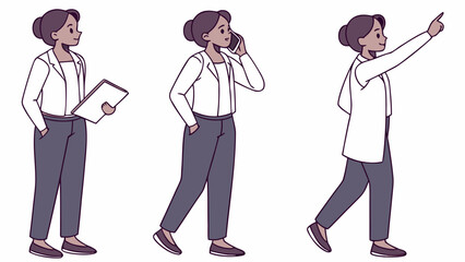 Illustrations of a woman in different poses holding a clipboard, talking on the phone, and pointing ahead