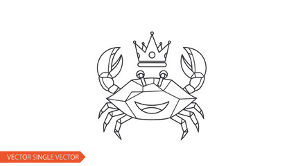 Cartoon Crab Wearing a Crown Line Art Illustration.