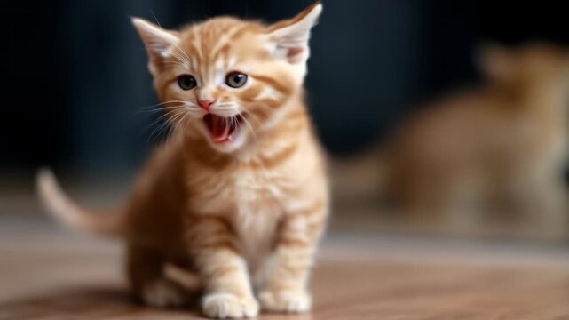 Small ginger kitten meow indoor portrait