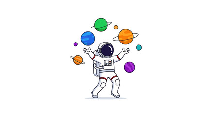 Cartoon Astronaut Juggling Colorful Planets in Space Whimsical Illustration.