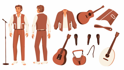 Illustration showing a singer with a microphone, guitars, jacket and other musical equipment items set up
