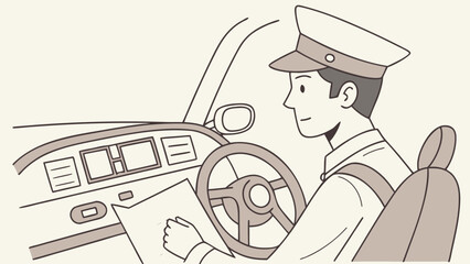 Illustration of a man in uniform driving a car while looking at a map on a light beige background