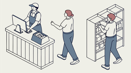 Isometric illustration depicting a store with a cashier, customer, and shelves with products