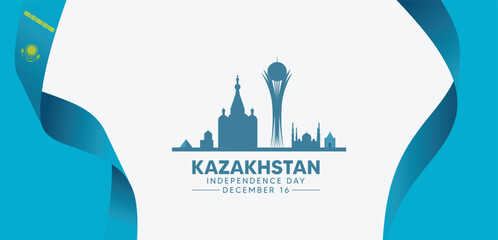 Kazakhstan Independence Day skyline illustration with modern blue wave national theme design