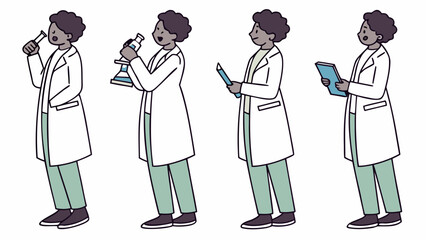 Illustration of a scientist with different poses holding a test tube microscope pen and clipboard in lab coat