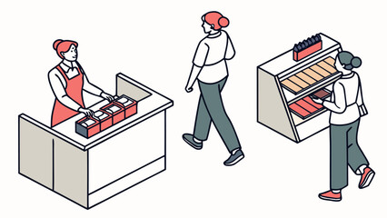 Isometric view of a bakery with a cashier, customer walking, and another selecting pastries from a display