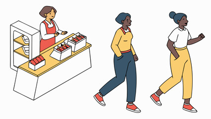 Illustration of a store clerk behind a counter with two customers walking away from the store front