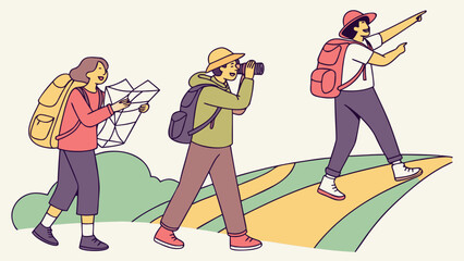 Three hikers with backpacks exploring outdoors one with map one with camera and one pointing ahead