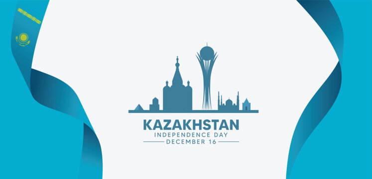 Kazakhstan Independence Day skyline illustration with modern blue wave national theme design