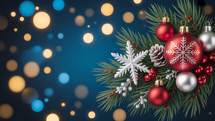 Festive christmas ornaments and decorations on a pine branch with bokeh lights