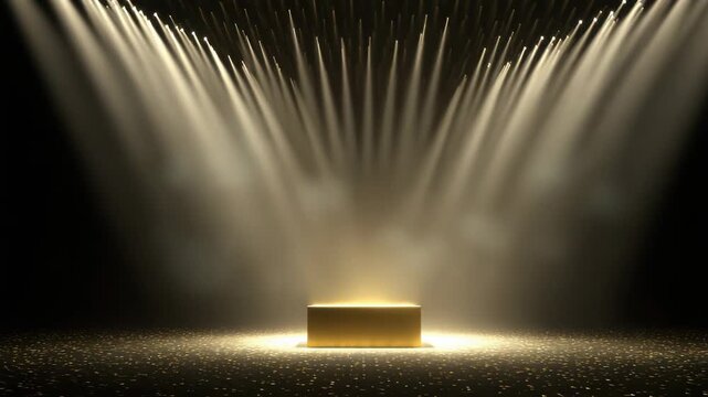 Golden Pedestal Illuminated by Dramatic Stage Spotlights Amidst Falling Gold Confetti and Smoke on Black Background