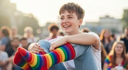 Young caucasian woman with rainbow socks smiling outdoors among a crowd. Autism awareness day concept of inclusion and diversity