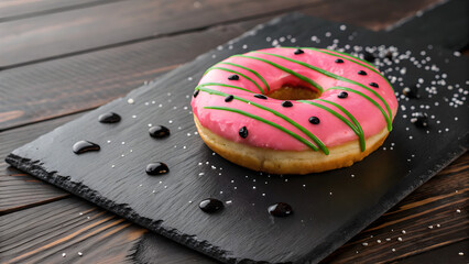 Delicious pink frosted donut with green stripes and black sprinkles on a black slate board, perfect for sweet treats and bakery advertisements