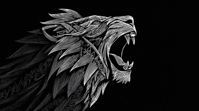 Roaring lion head in stylized white line art on a black background. Symbol of strength, courage, and leadership. Perfect for powerful branding and bold designs.