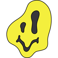 Melting Smiley Face Icon with Yellow and Black Colors on a Transparent Background representing happiness and distortion