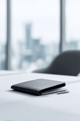 Leather notebook and pen on a desk in a modern office. Represents business, planning, and organization. Ideal for corporate communications, and productivity themes.