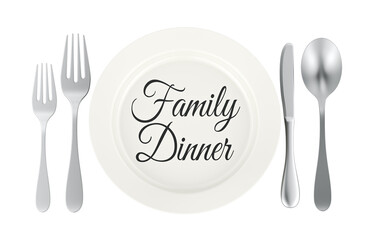 Family dinner concept with plate and cutlery. 3D rendering