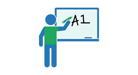 Stick figure person writing A1 on a whiteboard for education.