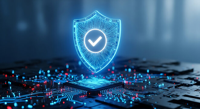 Digital shield icon with checkmark symbol emanating from a futuristic microchip - Powered by Adobe