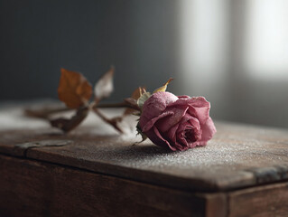 Fototapeta premium Elegant rose, subtly dusted, resting on aged wood. Evokes fragility, remembrance, or quiet beauty. Ideal for romantic, nostalgic, or memorial designs.
