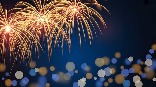 Golden fireworks illuminate the night sky with bokeh lights in the background - Powered by Adobe