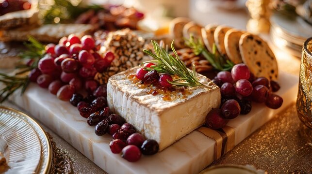 Brie cheese appetizer with grapes, crackers, nuts, and rosemary on a board