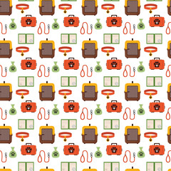 Pet travel essentials seamless pattern with carriers, first aid kits, collars, leashes, passports, paw prints