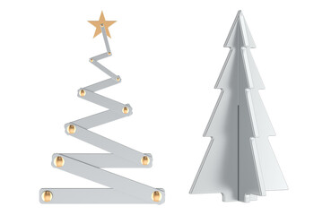 Minimalist metallic Christmas Trees with star and ornaments. 3D rendering