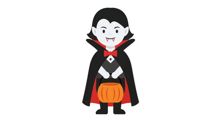 Cute cartoon vampire character holding a Halloween pumpkin candy bucket.