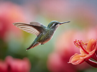 Obraz premium Vibrant image of a hummingbird in flight, approaching a flower. Represents agility, nature, beauty, and delicate balance. Great for ecology, wildlife, and inspirational themes.