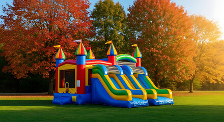 Vibrant inflatable castle bounce house with dual slides set up on a grassy lawn during autumn