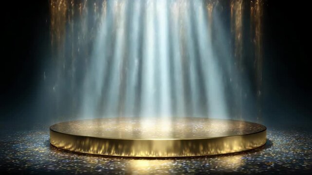 Golden Circular Podium Illuminated by Dramatic Spotlight Beams and Sparkling Confetti on a Textured Dark Background
