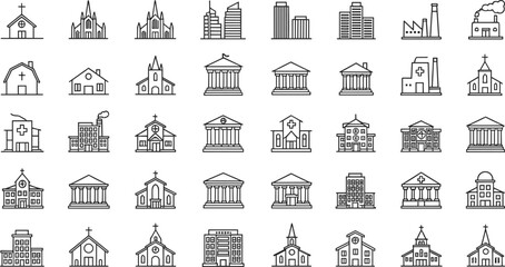 Obraz premium Comprehensive vector line icon set illustrating various types of buildings, including churches, city skyscrapers, hospitals, industrial factories, and government structures.