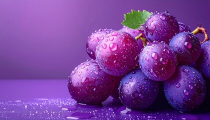 Fresh Purple Grapes with Water Droplets on a Purple Surface Perfect for Health Wellness and Lifestyle Stock Imagery.
