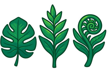 Stylized vibrant green tropical foliage set featuring monstera leaf and coiled fern frond